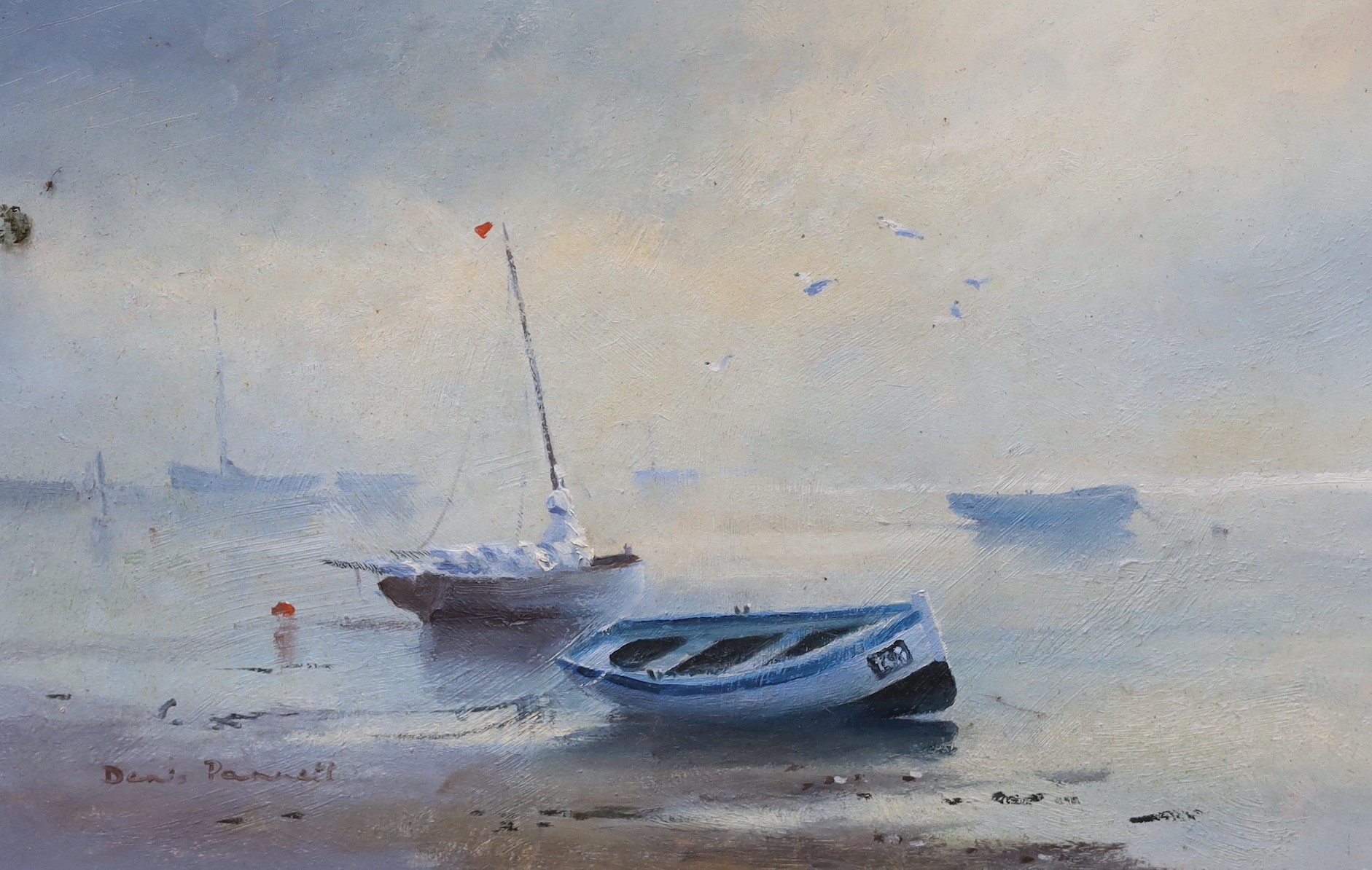 Denis Pannett (b.1939), oil on board, Fishing boats at low tide, signed, 30 x 46cm